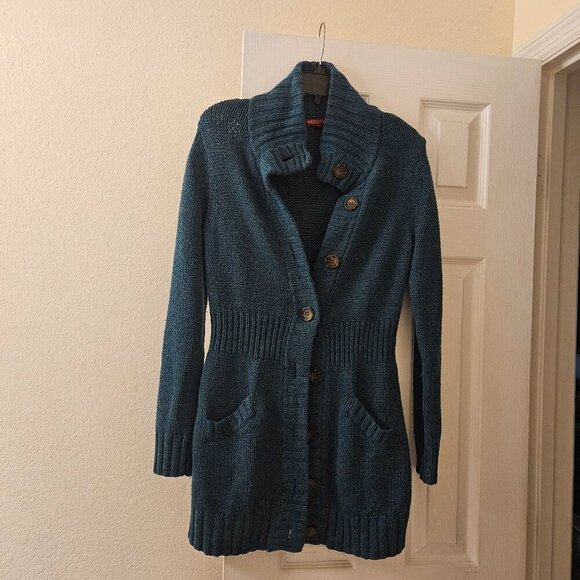 Sonoma blue long line cardigan Brown buttons winter wear pockets warm wool M - Picture 3 of 15
